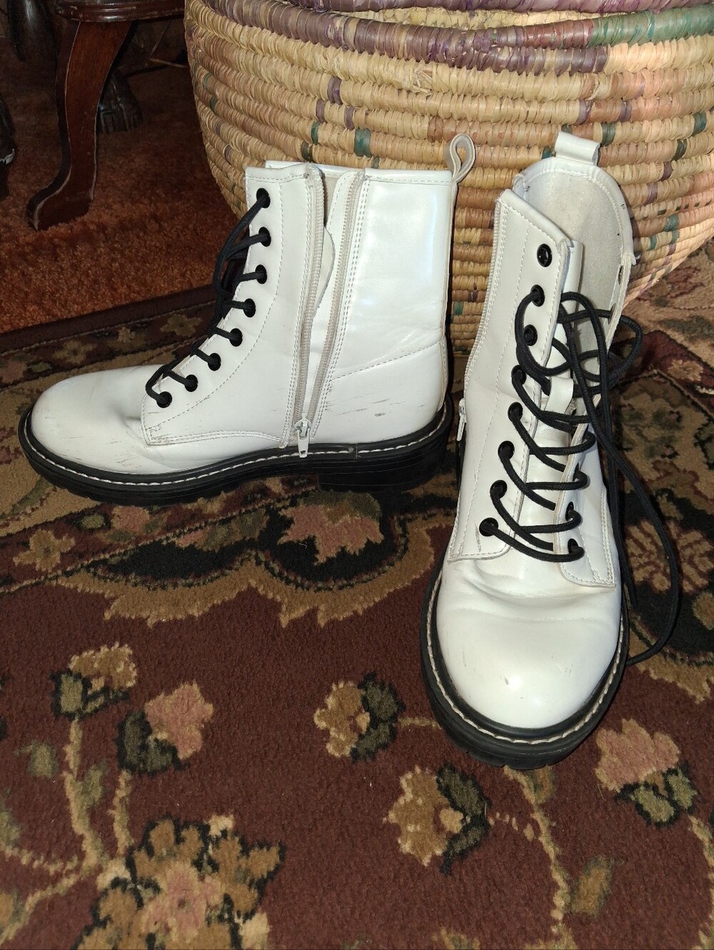 White Lace-Up Combat Boots with Side Zip
